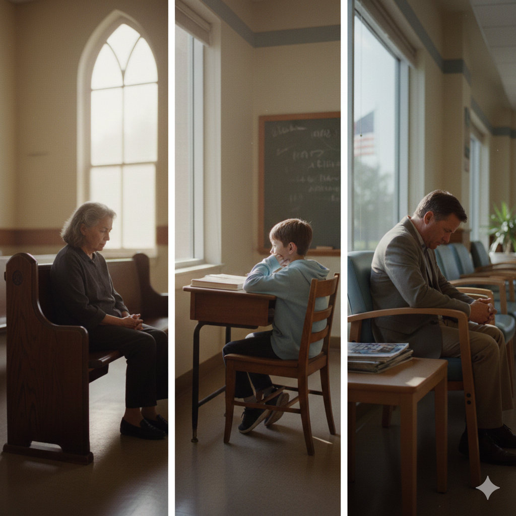 Empty church pew, school classroom desk, and hospital waiting room chair symbolizing faith, education, and cultural foundations.